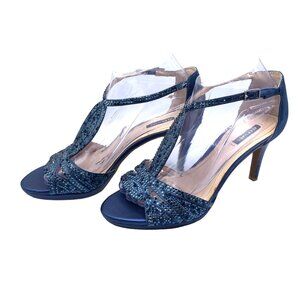 Alex Marie T-Strap Beaded Peep-Toe Dressy Heels Black Tie Fabric 7.5 Navy Blue